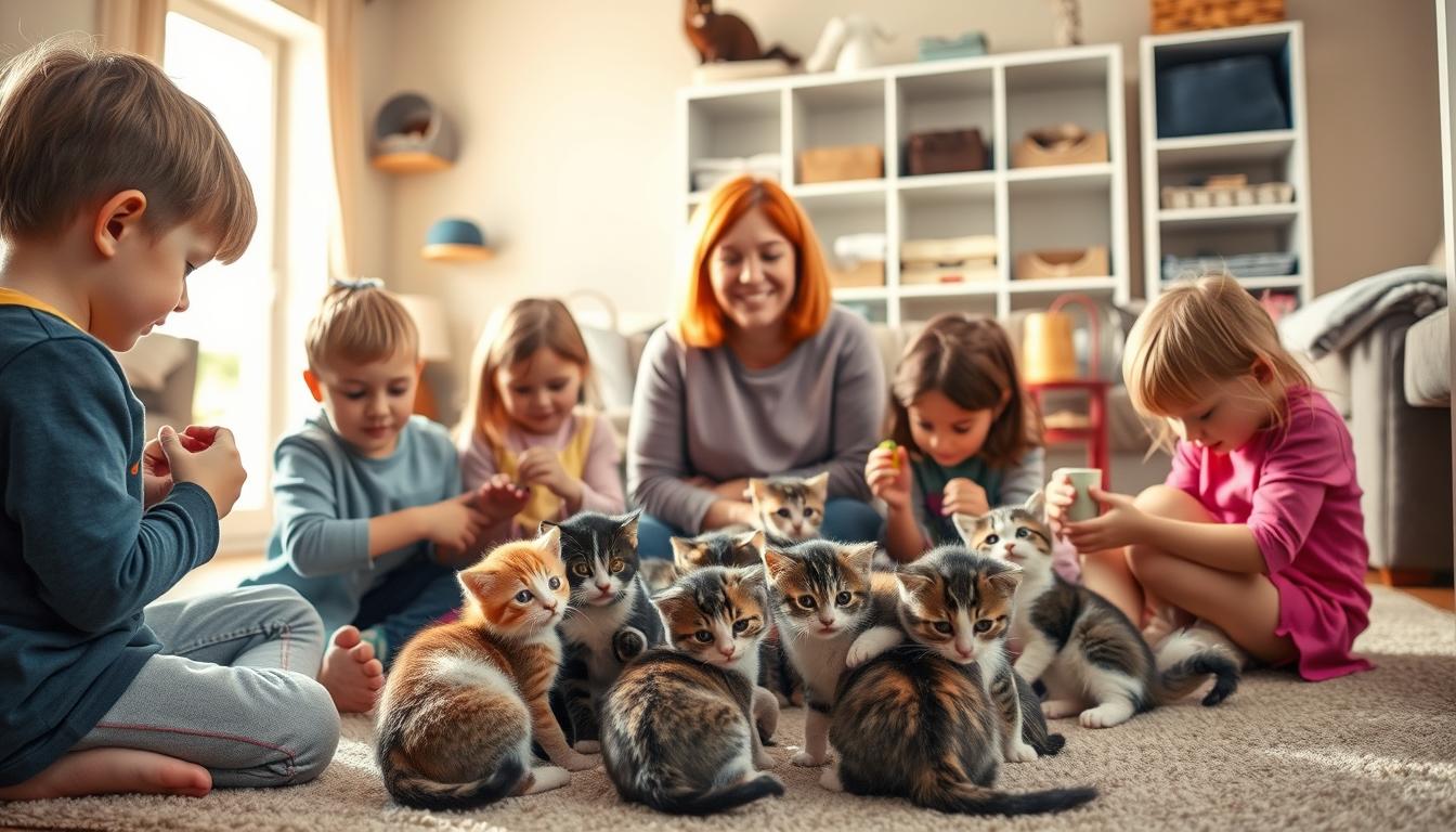 dzieci pomagają kotom w schronisku