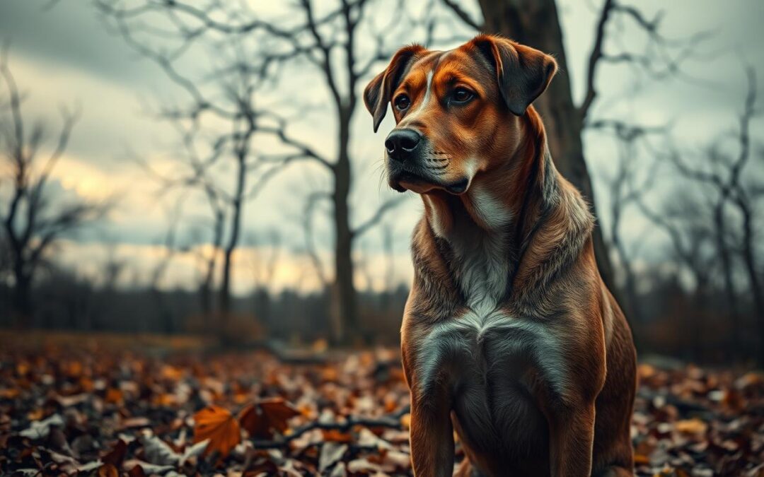 Jesienne budzenie uwagi psa w pochmurne dni