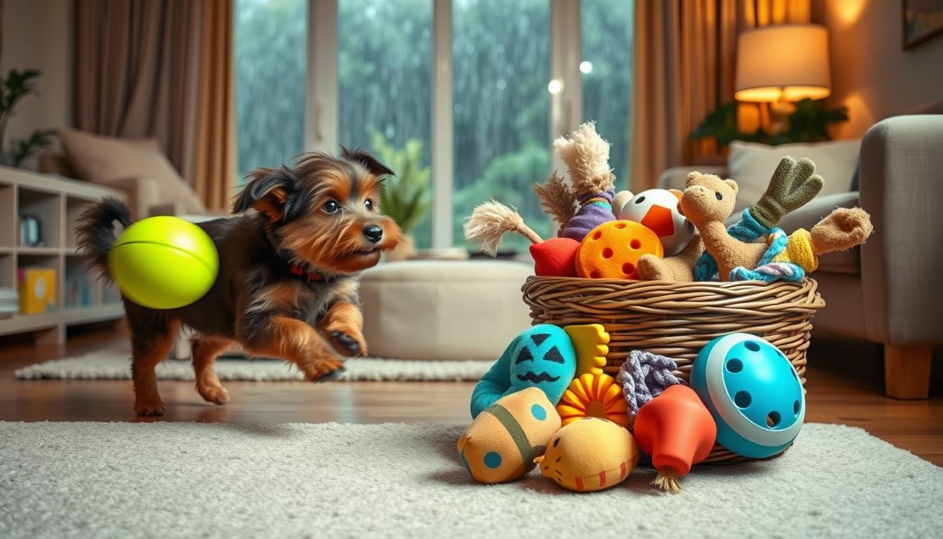 zabawy psa w domu podczas deszczu jesienią