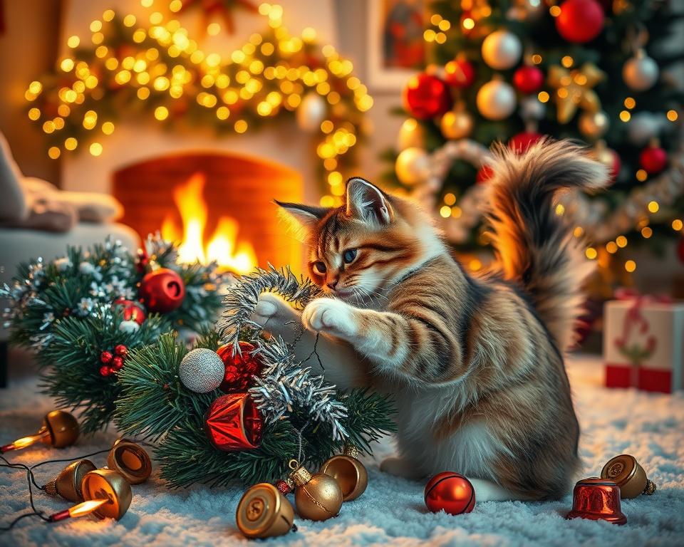 kot i niebezpieczne dekoracje zimą