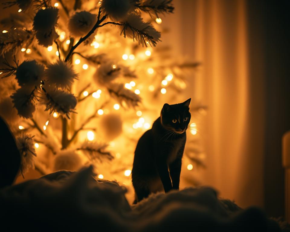 świąteczne światła a kot zimą