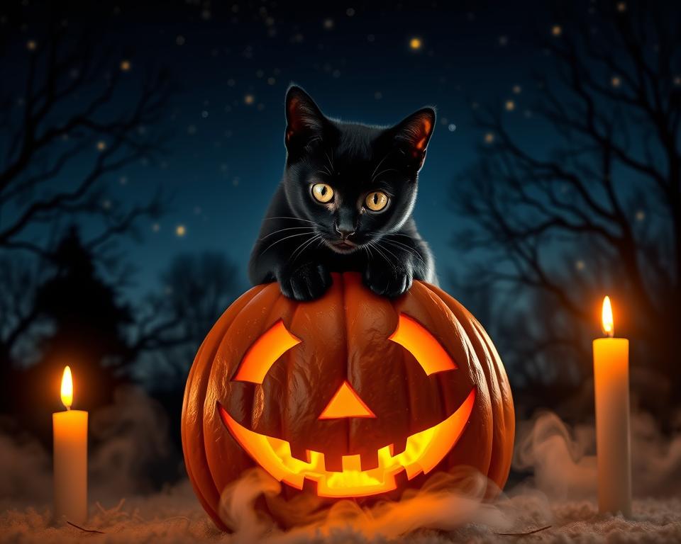 dekoracje halloweenowe a kot