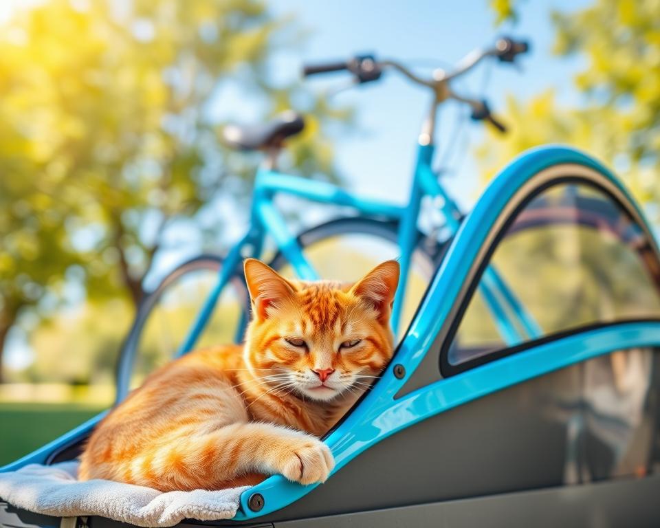 kot w przyczepce rowerowej