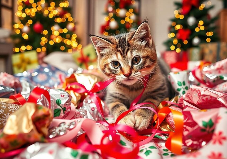 Kot kontra świąteczny papier do pakowania – jak uniknąć wypadków