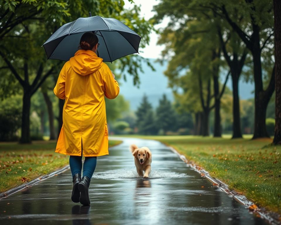 spacer z psem w deszczu