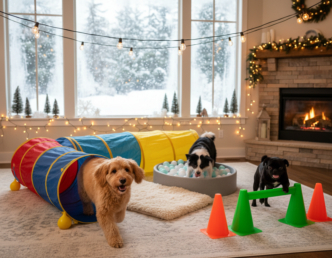 pies zima tworzenie toru przeszkód w domu