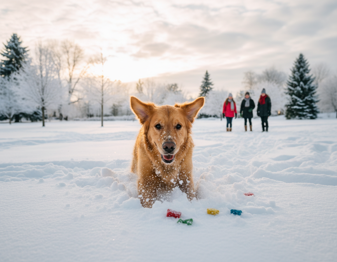 pies zima zabawa w szukanie w śniegu