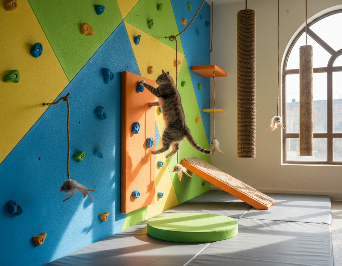 trening na ścianie wspinaczkowej dla kota